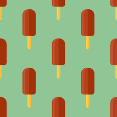 Seamless pattern with ice cream with chocolate glaze on green background. Vector texture.