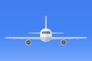 Airplane on blue background. Plane flying in the sky. Front view. Aircraft flat style vector illustration.