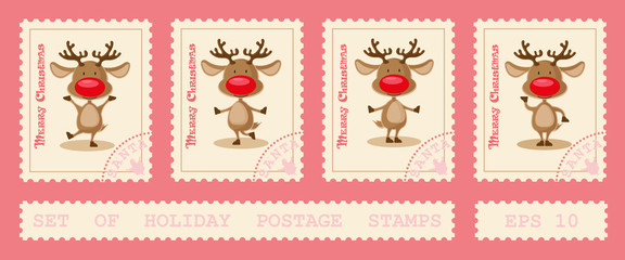 Set of holiday postage stamps with north deer dancing in different poses. Cartoon style isolated on pink background. Vector illustration