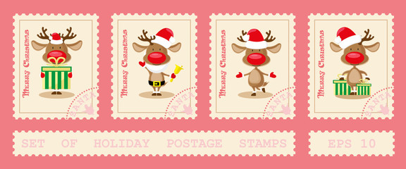 Fototapeta premium Set of holiday postage stamps with north deer dancing in different poses. Cartoon style isolated on pink background. Vector illustration