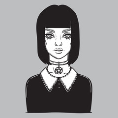 beautiful gothic girl with pentagram amulet. occult illustration