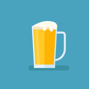 Glass Of Light Beer Isolated On Blue Background. Pint Vector Illustration. Flat Style Icon.