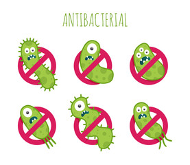 Antibacterial sign with green bacteria illustrations. Isolated vector illustration