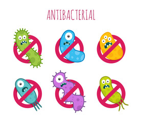 Antibacterial sign with colorful bacteria. Isolated vector illustration.
