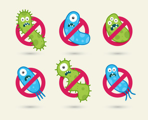 Antibacterial sign with green and blue germs illustrations. Isolated vector illustration