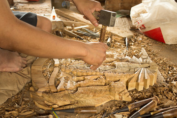 gouge wood chisel carpenter tool working wooden background, wood handcraft Thailand style,...