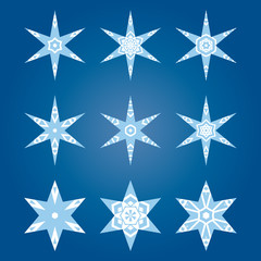 Set of decorative snowflakes, collection of artistic winter design templates, blue color