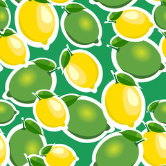 Fototapeta na wymiar Seamless pattern with big lemons and limes with leaves. Green background.