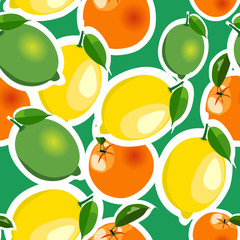 Seamless pattern with lemon, orange, lime stickers. Fruit isolated on a green background