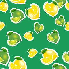 Seamless pattern with lemons and limes with leaves and slices stickers. Green background.