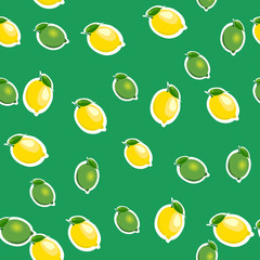 Seamless pattern with small lemons and limes with leaves. Green background.