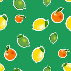Seamless pattern with lemon, orange, lime. Fruit isolated on a green background