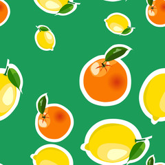 Seamless pattern with lemon, orange stickers. Fruit isolated on a green background