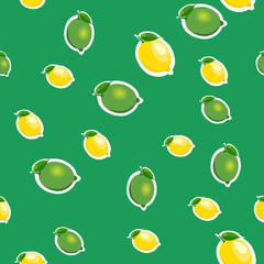 Seamless pattern with small lemons and limes with green leaves. Green background.