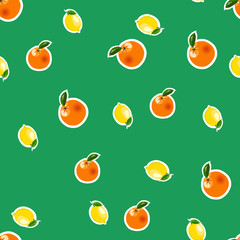 Seamless pattern with small lemon, orange stickers. Fruit isolated on a green background