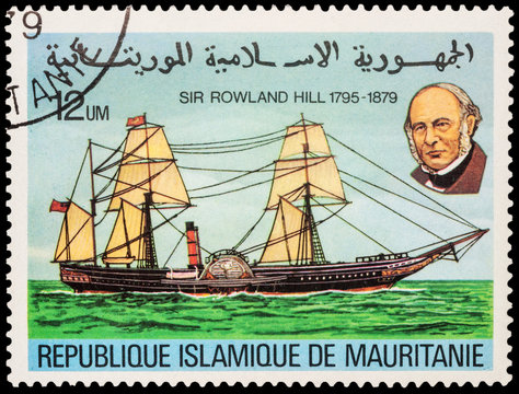 Old paddle-boat with portrait of Sir Rowland Hill on postage sta