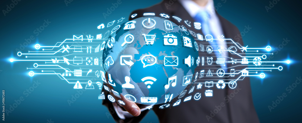 Poster businessman using digital world with web icons