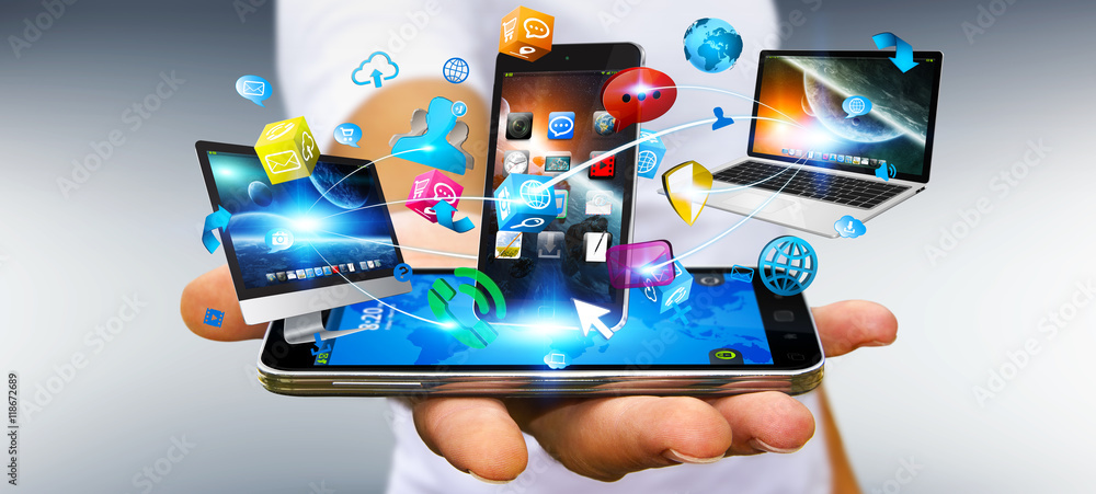 Poster businessman holding tech devices and icons applications