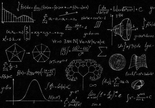 Math physics formulas and symbol on black background.