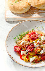 Cooked vegetables with fresh cheese. Healthy diet food.