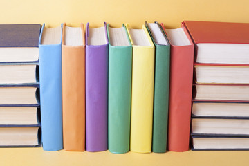 Stack of colorful books. Education background. Back to school. Copy space for text.