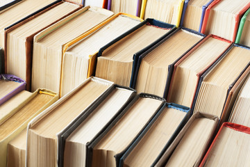 Obraz premium Stack of colorful books. Education background. Back to school. Copy space for text.