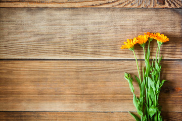Calendula flowers on wooden background in rustic style. Top view.
