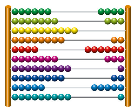 European abacus counting frame. Calculating tool with rainbow colored beads sliding on wires. Used in pre- and in elementary schools as an aid in teaching the numeral system and arithmetic or as toy.