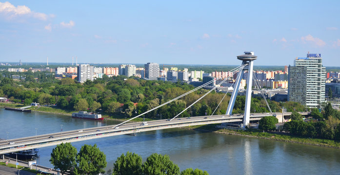 Novy Most Bridge across the Danube River in Bratislava, Slovakia.