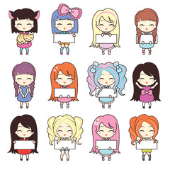 Set collections of four cute girls holding blank frames, cat. Isolated on grey beige background. Vector illustration. Can use for birthday card, as labels etc