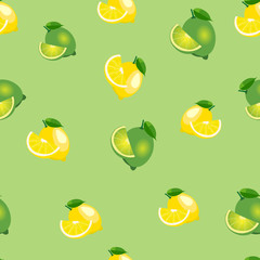 Seamless pattern with lemons and limes with leaves and slices. Light green background.