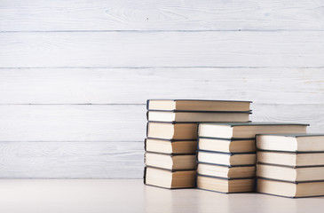 Stack of colorful books. Education background. Back to school. Copy space for text.
