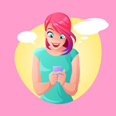 Young woman communicating with mobile phone. Vector illustration with speech bubbles.