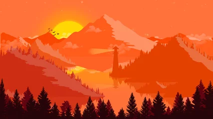 Deurstickers Warm oranje Vlak landschap Zonsondergang en eilanden