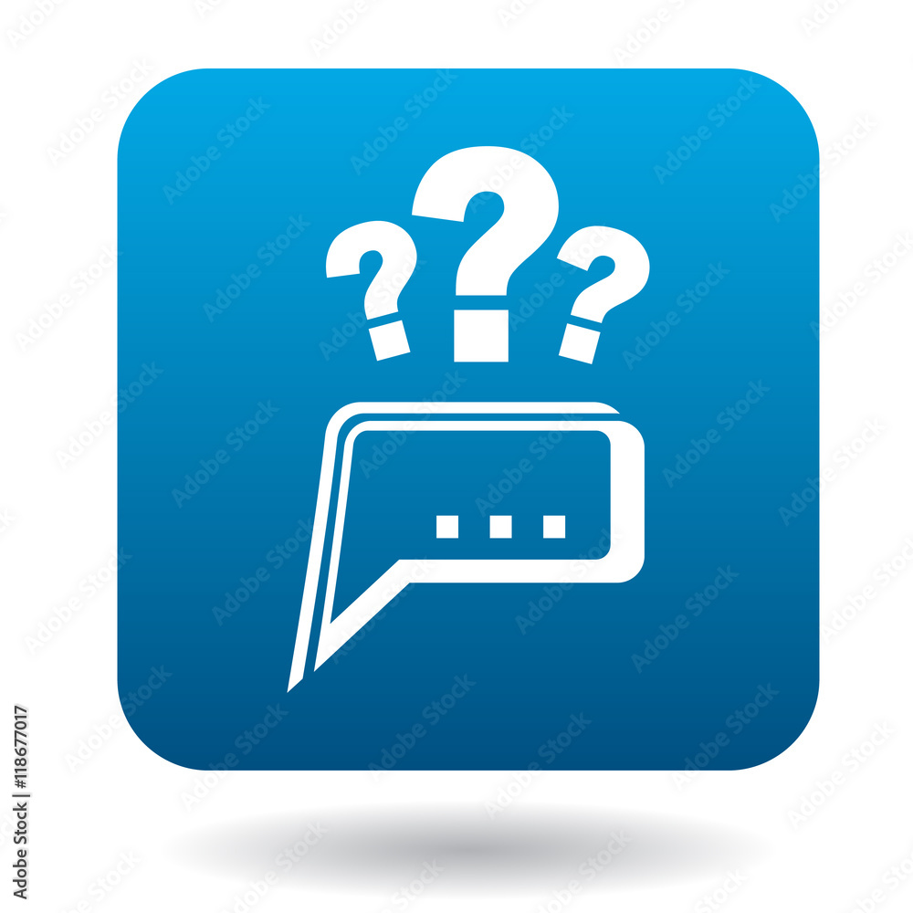 Aufkleber questions to technical support icon in flat style in blue square. service symbol