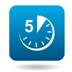 Five minutes icon in flat style in blue square. Time symbol