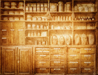Bottles on the shelf in old pharmacy