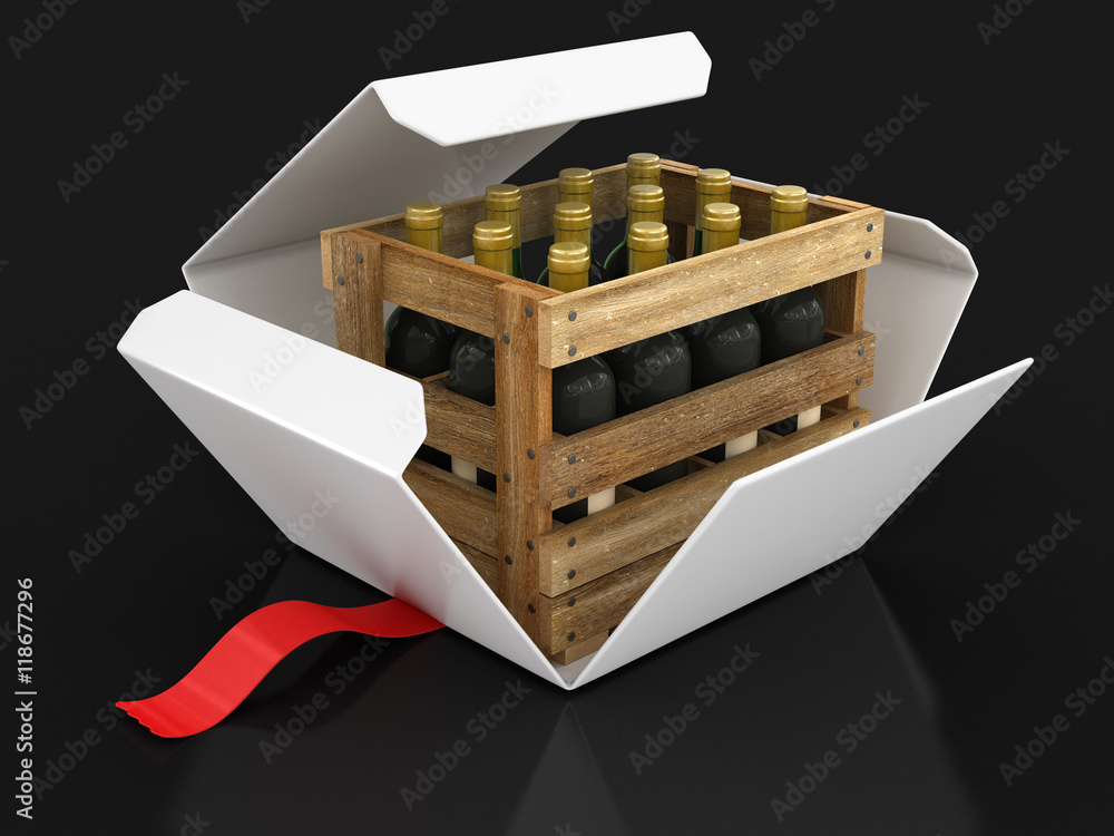 Poster open package with wine bottles in box. image with clipping path