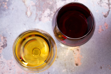 Red and white wine. View from above, top studio shot