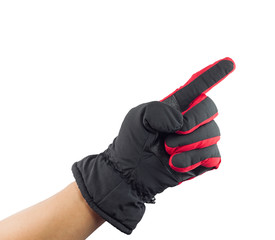 Hand in winter gloves isolated on white background.pointing.