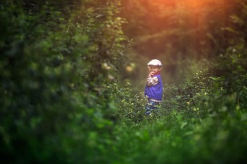 Little caucasian boy playing outdoor in summer.