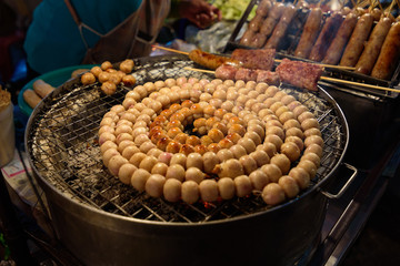 E-Saan Sausage, the native food sold on Warorot market, Chiang Mai, Thailand.