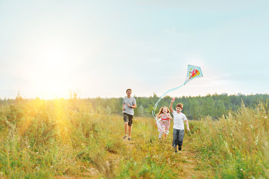 Children enjoy playing with a flying kite in meadow on sunny day