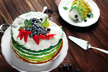 Delicious cake with berries, closeup