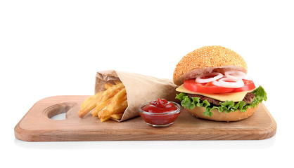 Tasty hamburger with french fries, isolated on white