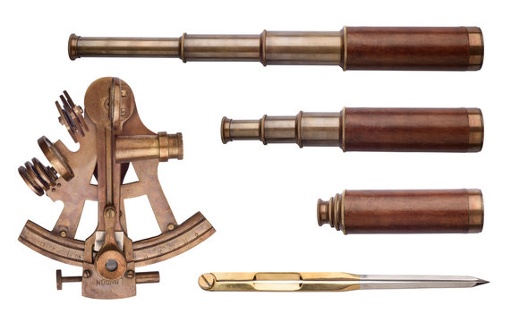 Sextant, telescope, divider isolated on white background. Vintage sea collection.