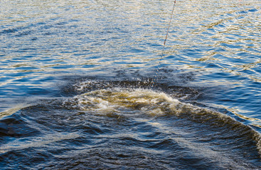 Circles and splashes on the surface of blue water