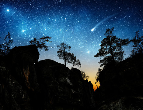 The night sky on the background of mountains and trees. Elements of this image furnished by NASA.
