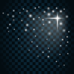 Shine star with glitter and sparkle icon. Effect twinkle, glare, glowing, graphic light sign. Transparent glow design element on dark background. Template bright flash decoration. Vector illustration.