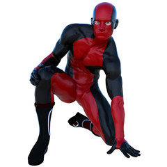 one young superhero man with muscles in red black super suit. He sits on one knee. With one hand on the floor. Looking at the camera